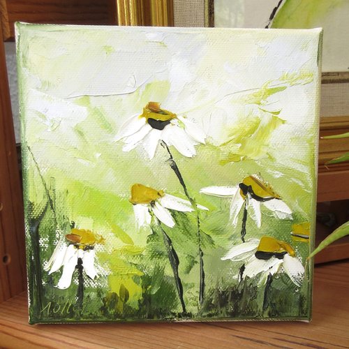 Fleurs d'amitiés : peinture figurative fleurs marguerites ; peinture à l'huile au couteau sur toile de coton sur châssis