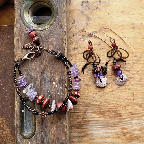 Une parure shabby chic, ethnique et poétique ; bracelet et boucles d'oreille élégantes : "la promesse"  ...