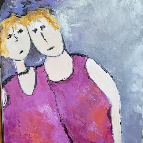 Peinture de personnages à l'huile au couteau sur toile de lin, sur châssis, personnages les copines  .... !!!! : "amitiés" ...