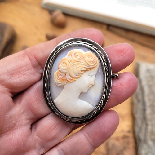Une magnifique broche en coquille sculptée italienne , cerclée d'argent antique victorienne caméo néoclassique pour le côté vintage !!