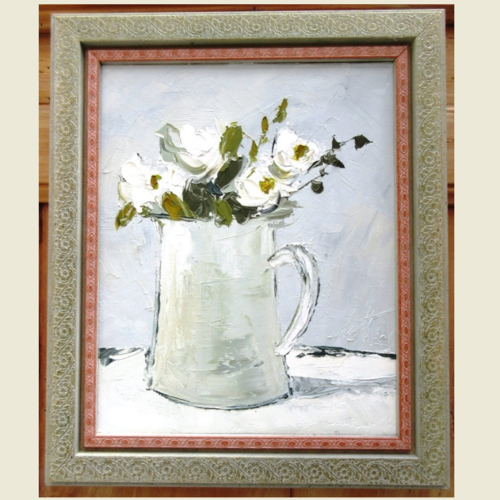 Peinture florale huile sur toile de lin ,au couteau, avec cadre : "douceur de vivre"