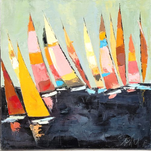 Peinture originale marine - régate voiliers - à l'huile au couteau sur toile de lin sur châssis ... : "le printemps des voiles"