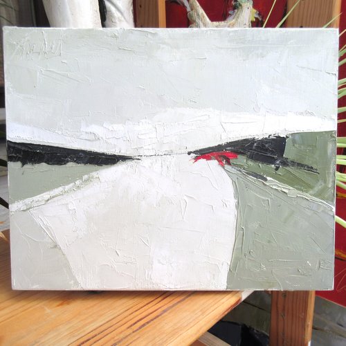 Peinture huile au couteau sur toile de lin sur châssis ; abstrait lyrique minimaliste : "refuge de l'esprit"