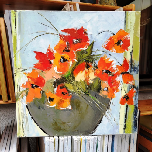 Peinture figurative florale : les coquelicots : peinture à l'huile au couteau sur toile de lin sur châssis : "les eblouissantes"