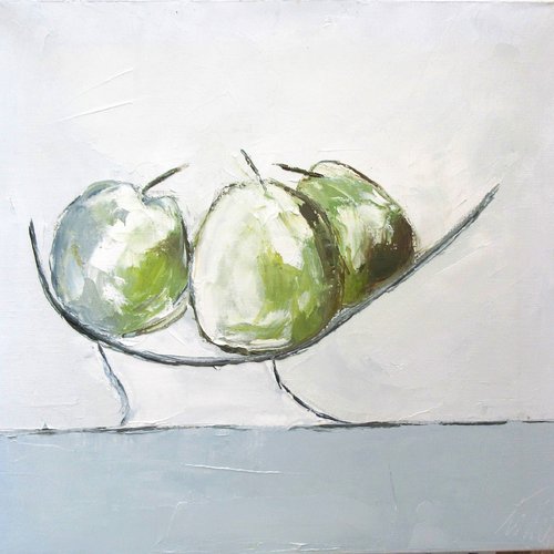 Les délicieuses : peinture nature morte "les pommes à l'atelier" , huile au couteau sur toile de lin sur châssis ...