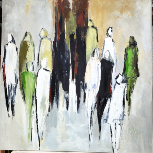 Peinture figurative personnage - peinture à l'huile au couteau sur toile de lin sur châssis : "au fil & à mesure"