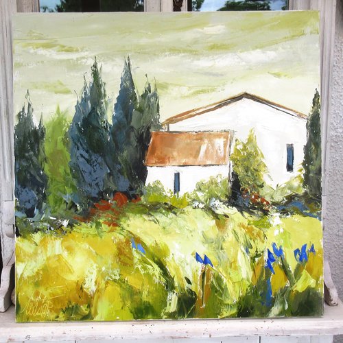 Paysage de provence, peinture figurative, peinture à l'huile au couteau sur toile de lin : "des senteurs de provence"