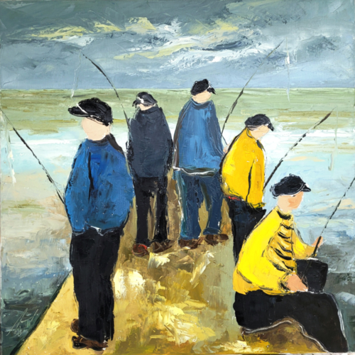 Peinture figurative personnages marins - peinture à l'huile au couteau sur toile de lin sur châssis : "instants de vie":