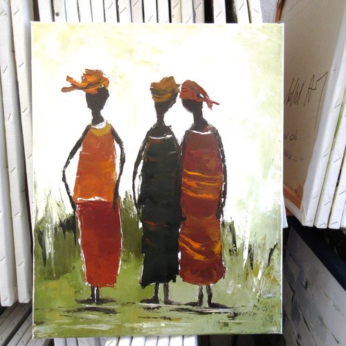 Peinture figurative de personnages, peinture à l'huile au couteau sur toile de coton sur châssis lin: "echos de voyages"
