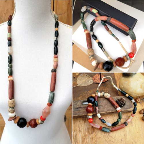 Lot-collier d'anciennes perles ethniques excavées mali : cornaline, agate, serpentine... du néolithique : "inspiration de mémoires"