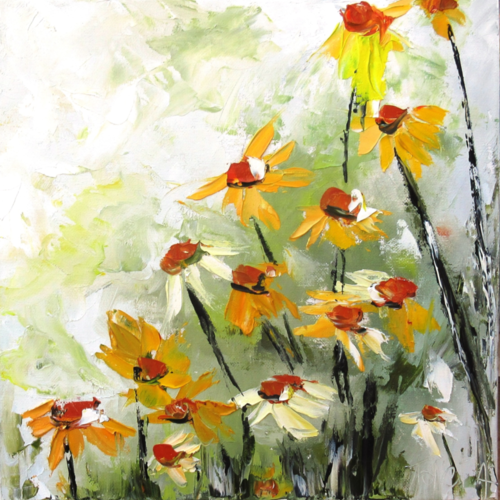 Peinture florale-fleurs des champs - huile au couteau sur carton entoilé ..: "naissance d'un instant"