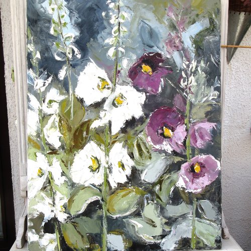 Peinture florale-roses trémières - huile au couteau toile de lin sur châssis : "la débâcle des sentiments"