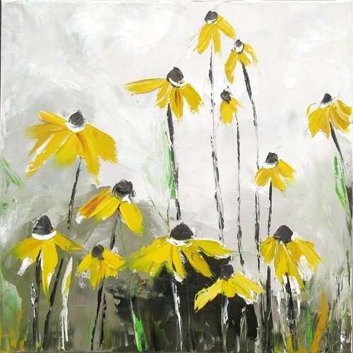 Peinture florale : les marguerites jaunes : huile au couteau toile de coton sur châssis : "des eclats de rires"