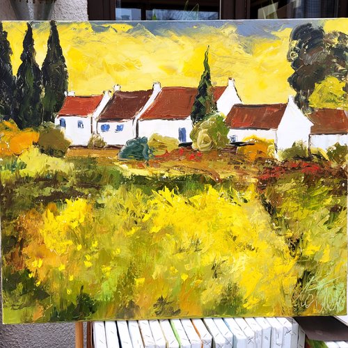 Peinture originale paysage de bretagne- à l'huile au couteau sur toile de lin sur châssis : "bretagne insolite"