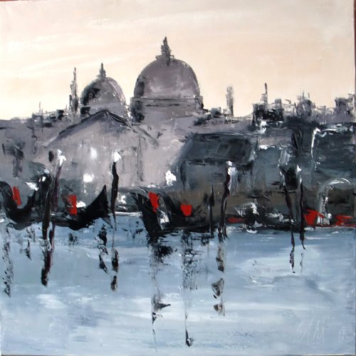 Paysage de venise - gondoles , peinture figurative huile au couteau sur toile de lin sur châssis : "autre vision "
