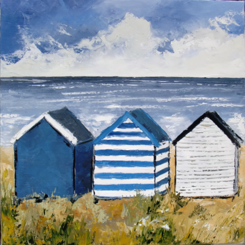 Peinture originale marine - les cabanes à la mer - à l'huile au couteau sur toile de lin sur châssis : "a l'abri du vent"