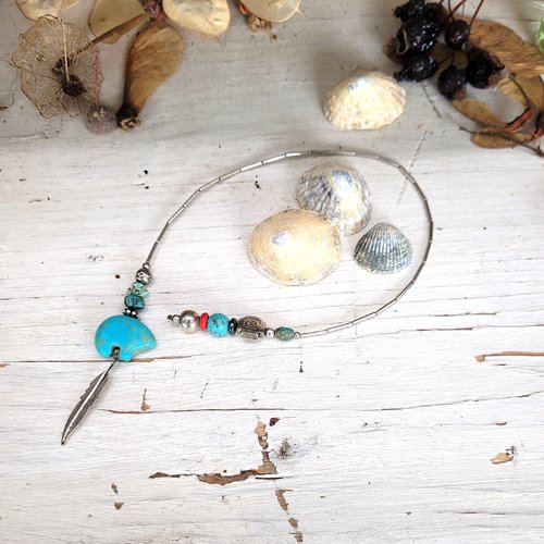 Un superbe et authentique marque page - amérindien , argent, ours turquoise et plume argent indien navajo ... pour le côté vintage !!