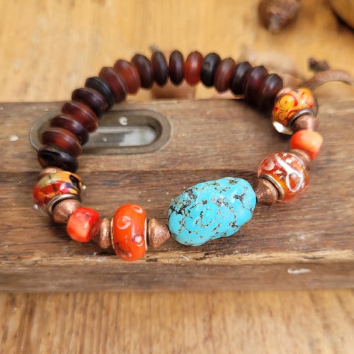 Une belle poésie pour ce bracelet tribal, nomade, unisexe, perles style pandora, résine mali, nugget turquoise: "chant d' elégance"
