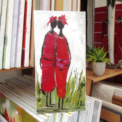 Peinture figurative de personnages, peinture à l'huile au couteau sur toile de coton sur châssis lin: "fleurs d'amitiés"
