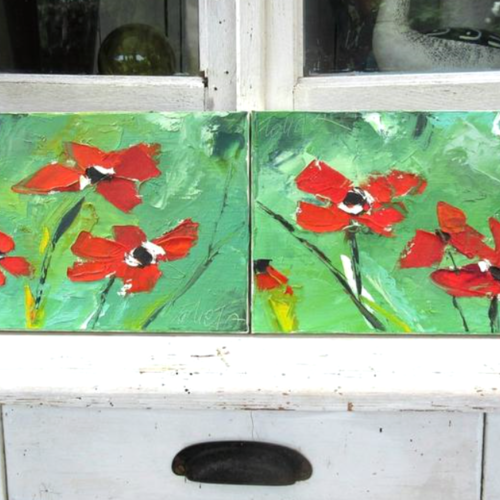 "equilibre i & ii" : diptyque peintures figuratives fleurs coquelicots peintures à l'huile au couteau sur toile