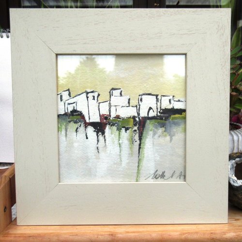 Peinture gouache encadrée  "paysage du midi - abstrait lyrique - sur carton canson : ""lumière du matin"