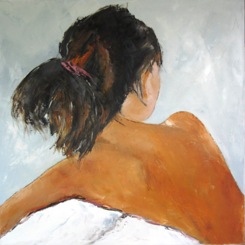 Peinture figurative personnage, nu de dos à l'académie - peinture à l'huile au couteau sur châssis toile de lin : "exaltation des sens"