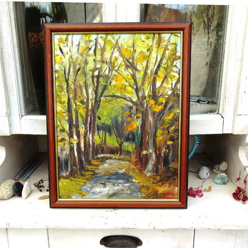 Peinture originale paysage huile au couteau avec cadre sur châssis toile de lin: "lyrisme contrôlé"