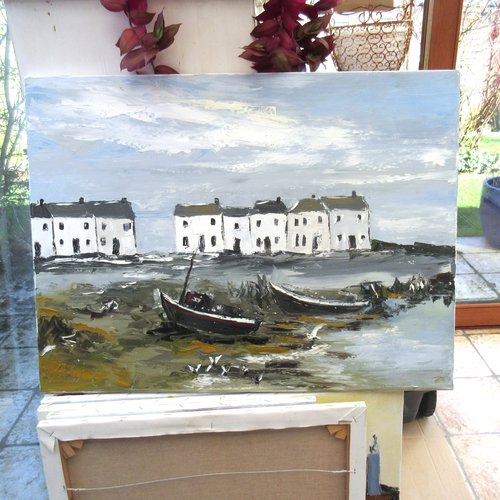 Peinture originale marine - côte d'emeraude - à l'huile au couteau sur toile de lin sur châssis: "couleurs du nord"