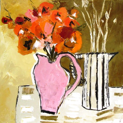 Peinture figurative florale-- les fleurs à l'atelier, peinture à l'huile au couteau sur toile de lin sur châssis: "dans la lumière "