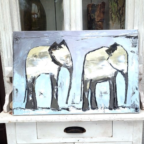 Peinture figurative éléphants afrique - peinture à l'huile au couteau : "aube sans age"