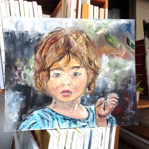 Peinture à l'huile au couteau et pinceau sur carton toilé  , personnage, jeune fille : "gardons l'innocence"