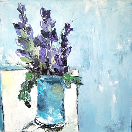 Peinture florale huile au couteau -50/50 cm -sur toile de lin sur châssis ... : "regard aigue-marine"