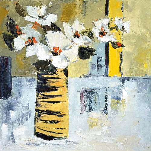 Peinture figurative florale-- les fleurs à l'atelier, peinture à l'huile au couteau sur toile de lin sur châssis: "lien avec la nature"