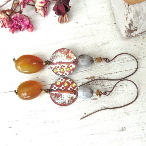 Des boucles d'oreille urbaines, ethniques avec breloques émail artisanal ... : "souffles de soleil"