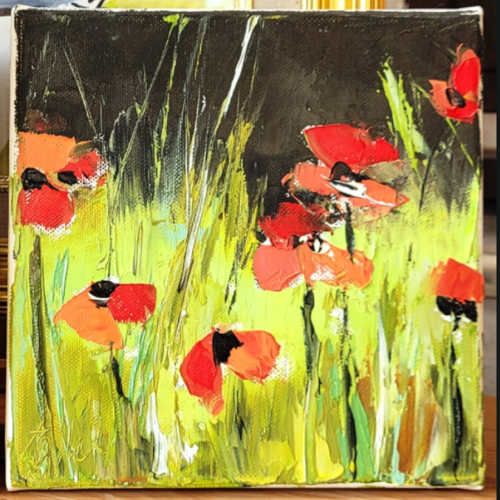 Peinture figurative florale : fleurs des champs- coquelicots: peinture à l'huile au couteau sur toile sur châssis: "douceur de vivre 2"