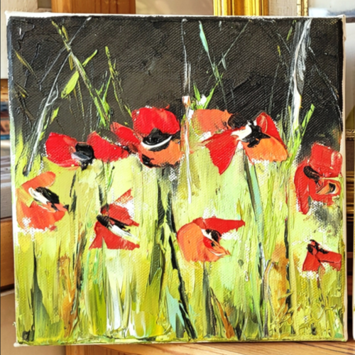 Peinture figurative florale : fleurs des champs- coquelicots: peinture à l'huile au couteau sur toile sur châssis : "douceur de vivre 1"