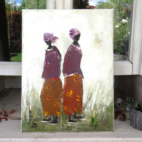 Peinture figurative de personnages- petites dames afrique,  peinture à l'huile au couteau sur toile de coton sur châssis : "complicités"