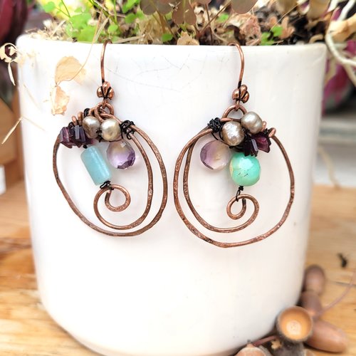 Des boucles d'oreille style créoles, baroques, asymétriques avec pierres fines ,amétrine, amazonite, etc  .: "frissons de printemps"