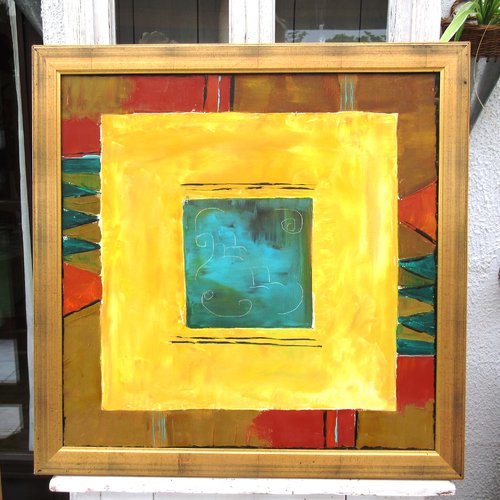 Peinture abstrait lyrique ethnique -huile au couteau sur toile de lin sur châssis avec cadre feuille d'or : "motifs émotifs"