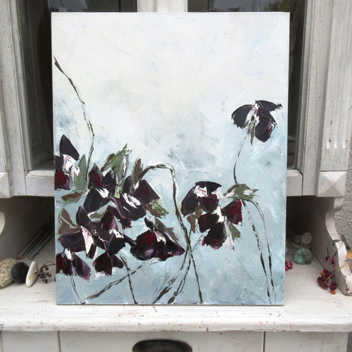 Peinture figurative florale : fleurs des champs: peinture à l'huile au couteau sur toile de lin : "rêves suspendus"