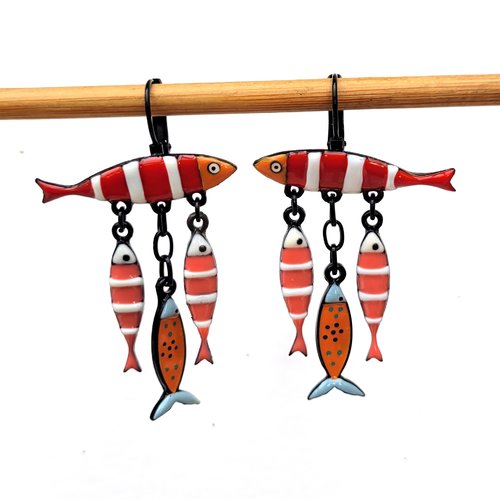 Boucles d'oreille breloques poissons en émail ... : "sardines dans l'eau"