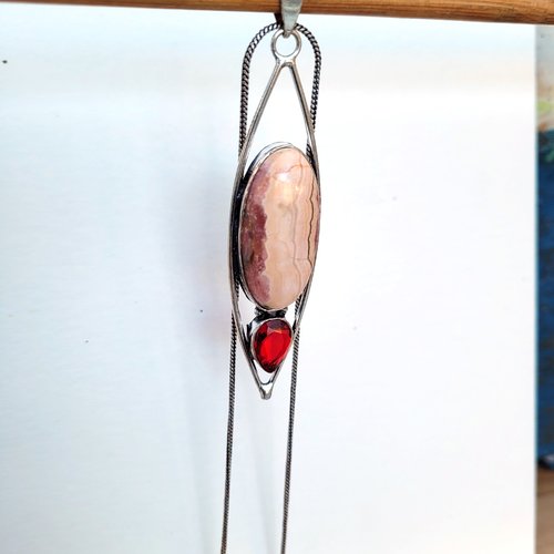 Collier argent urbain, chic, minimaliste, unisexe, avec pendentif argent avec rhodochrosite et grenat ...: "temps de jeunesse"