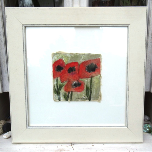Peinture gouache "coquelicots stylisés" sur carton épais tibétain , encadrée ...: "précieux trésors"