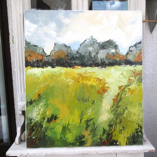 Peinture figurative- campagne hesbignonne- huile au couteau sur toile de lin sur châssis : "subtils jaunes"