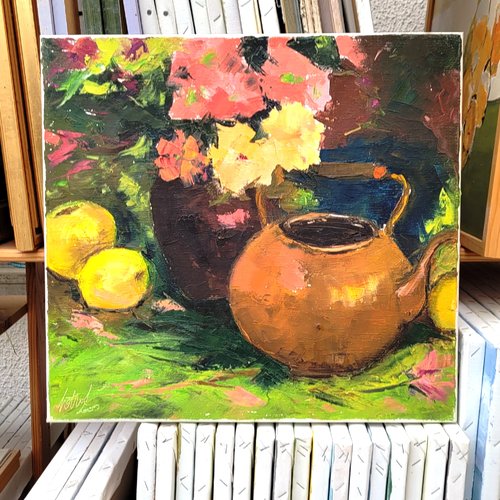 Peinture florale nature morte, huile au couteau sur toile de lin, sur châssis : "le deuxième souffle"