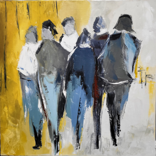 Peinture figurative personnage - peinture à l'huile au couteau sur toile de lin sur châssis : "carrefour"