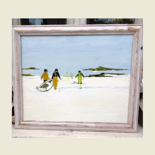 Peinture originale marine huile sur toile sur châssis, avec cadre : "jour de pêche"