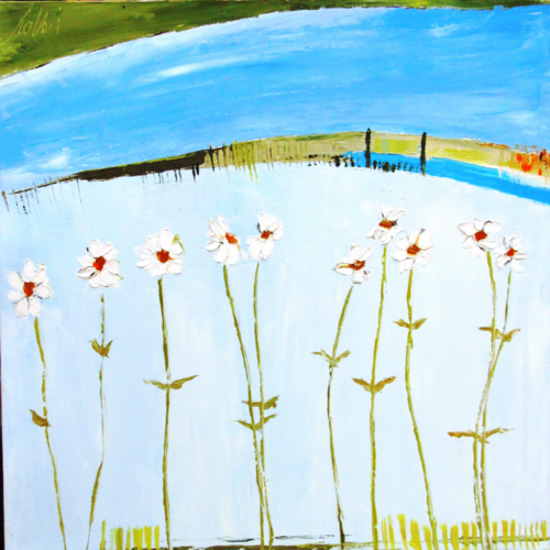 Peinture figurative florale huile au couteau sur toile sur châssis : "azur fleuri"