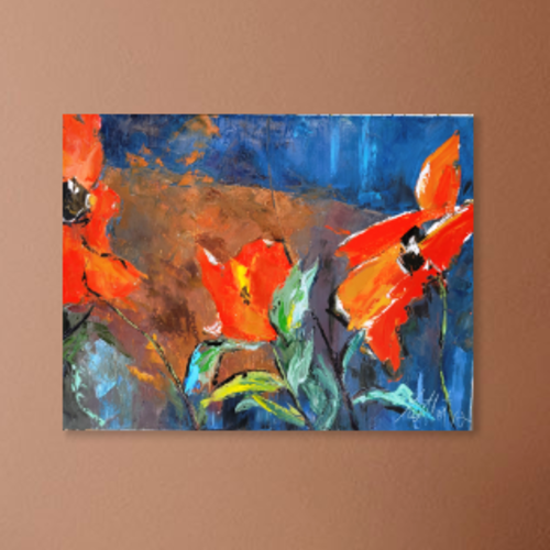Peinture florale-coquelicots - huile au couteau sur toile de lin sur châssis : "offrande"