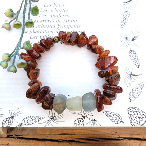 Ambre véritable et nuggets anciennes fluorite pour ce bracelet unisexe classe !!!!! : "une douce harmonie"...